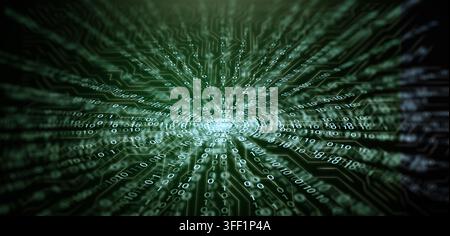 Arrière-plan technologique numérique abstrait mettant en vedette un nœud central de circuit imprimé lumineux rayonnant des flux de données technologiques verts et du code binaire, avec beaucoup de Da Banque D'Images
