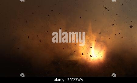 Explosion dramatique et ardente avec des débris volants, une fumée sombre et des particules incandescentes d'impact dans une atmosphère cinématographique. Fond de fumée Banque D'Images