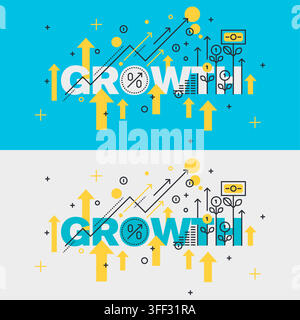 Ensemble d'illustrations de bannières vectorielles de croissance mettant en avant des flèches financières vers le haut, des graphiques de succès commercial, des arbres d'argent et des concepts de progrès économique. Illustration de Vecteur