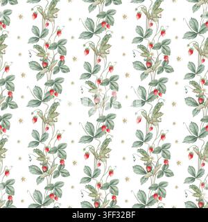 Modèle sans couture avec illustration aquarelle de fraises sauvages avec des fleurs blanches. Imprimé peint à la main avec des baies boisées avec des feuilles vertes sur Banque D'Images