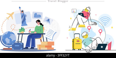 Ensemble d'illustrations vectorielles de blogueurs de voyage comprenant des créateurs de contenu, des globes, des monuments, des ordinateurs portables, des bagages et des symboles de médias numériques. Illustration de Vecteur