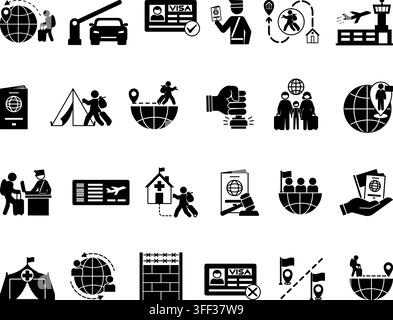 Ensemble d'icônes de migration de glyphes. Icônes vectorielles Émigration, Agent des douanes, Frontière, Aéroport, Billet d'avion, Passeport, Réfugié, Citoyenneté, Visa, Asile, Migrant Illustration de Vecteur