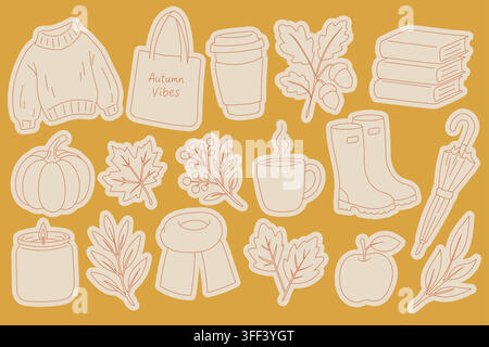 Collection automnale dessinée à la main avec des éléments saisonniers confortables incluant un pull, un sac à main, une tasse de café, des livres, une citrouille, des feuilles, des bottes, un parapluie, une bougie, une application Illustration de Vecteur