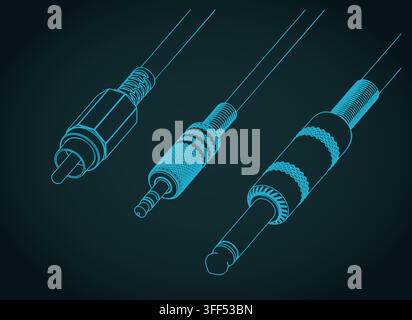 Divers connecteurs audio incluant des fiches jack, mini-jack et RCA avec câbles, plans isométriques, illustration vectorielle stylisée Illustration de Vecteur