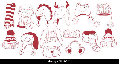 Ensemble vectoriel d'illustrations en lignes rouges de chapeaux et accessoires d'hiver Illustration de Vecteur