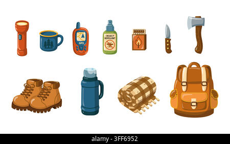 Équipement de camping avec sac à dos, bottes, lampe de poche, navigateur, thermos et ensemble d'outils. Illustration vectorielle de dessin animé Illustration de Vecteur