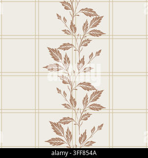 Motif à carreaux en verre avec vignes botaniques simples sans couture. Fond à carreaux. Couleurs brunes et crème atténuées, design textile pour la maison Illustration de Vecteur
