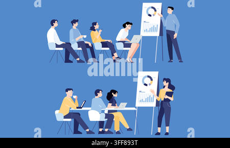 Ensemble d'illustrations vectorielles de présentation commerciale comprenant une formation d'entreprise, un séminaire, une réunion, des graphiques, des analyses, un orateur et un public. Illustration de Vecteur