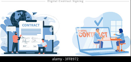 Ensemble d'illustrations vectorielles de bannière pour la signature de contrats numériques comprenant un accord en ligne, une signature électronique, un ordinateur portable, un document et une transaction commerciale. Illustration de Vecteur