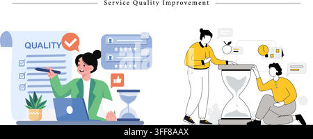 Ensemble d'illustrations de bannière vectorielle pour l'amélioration de la qualité de service comprenant des retours clients, des notes étoiles, une liste de contrôle, un sablier et des concepts commerciaux. Illustration de Vecteur