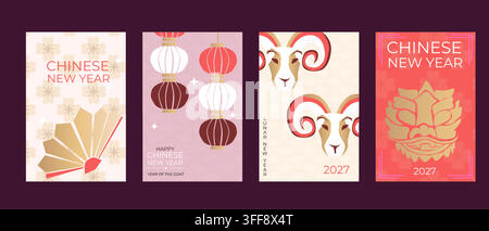 Jeu de cartes de vœux modernes pour le Nouvel An chinois 2027. Illustration vectorielle abstraite minimaliste pour les designs du Nouvel An lunaire. Illustration vectorielle plate avec gol Illustration de Vecteur