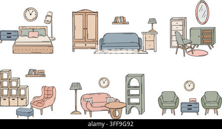 Différents intérieurs simples. Compositions intérieures de chambre, salon, zone de repos, salle d'attente au bureau, hall. Canapé, tables, banquette, fauteuil Illustration de Vecteur