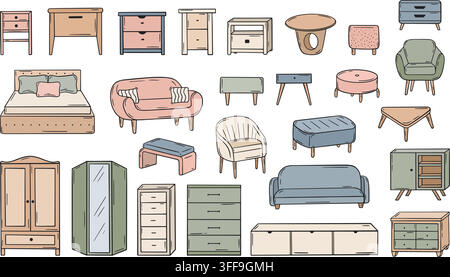Collection de meubles. Différentes armoires, lit et canapé, fauteuil, chaise, table. Éléments d'intérieur de maison, appartements. Clipart vectoriel de conception de maison Illustration de Vecteur