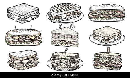 Variété d'articles de restauration rapide, vecteur de sandwich Sub. Illustration de Vecteur