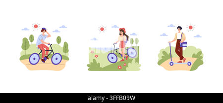 Les jeunes roulent à vélo et en scooter en plein air sur les chemins du parc par temps ensoleillé avec des arbres, des fleurs et des collines, montrant des déplacements actifs, des loisirs et du mouvement Illustration de Vecteur