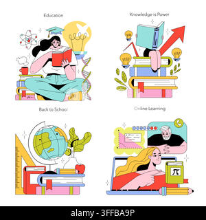 Ensemble d'illustrations vectorielles sur l'éducation avec un étudiant lisant des livres, des manuels empilés, un globe, une leçon de mathématiques sur un ordinateur portable, un appel de cours en ligne, une coiffe de diplôme, des ampoules et une flèche de croissance Illustration de Vecteur