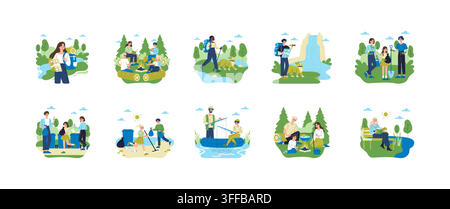 Ensemble d'illustrations vectorielles pour les loisirs en plein air avec des personnes faisant de la randonnée avec des cartes, campant au feu, pêchant depuis un bateau, promenant des chiens, lisant en plein air et nettoyant les zones de parc près de l'eau Illustration de Vecteur