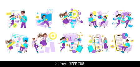 Les hommes d'affaires utilisent des smartphones et des ordinateurs portables pour l'analyse, le commerce électronique, les paiements, la livraison, la planification des rendez-vous et le travail d'équipe dans un ensemble d'illustrations vectorielles modernes avec des expressions positives Illustration de Vecteur