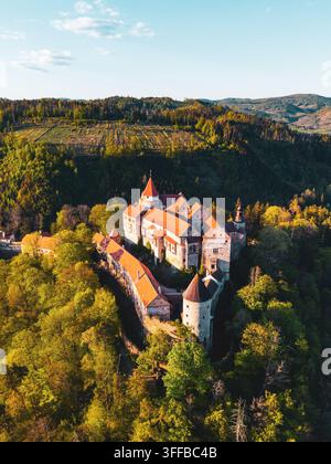Le château de Pernstejn est vu du dessus, entouré d'arbres et de collines. Le château possède de nombreuses tours et des toits rouges. Des forêts vertes recouvrent le paysage environnant sous un ciel bleu. Banque D'Images