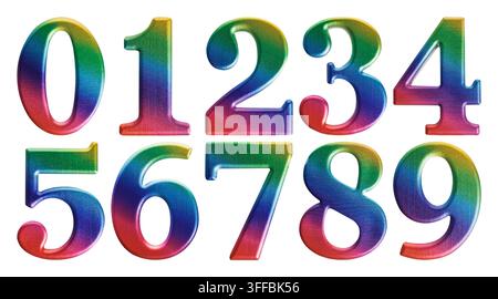Ensemble de chiffres pailletés arc-en-ciel colorés de 0 à 9 isolés sur fond blanc Banque D'Images