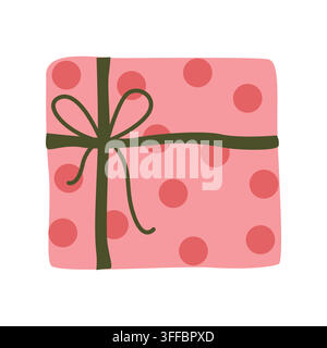 Illustration de boîte cadeau enveloppée dessinée à la main avec ruban et nœud et motif à pois pour anniversaire, Noël, baby shower, Saint-Valentin Illustration de Vecteur