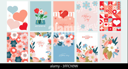 Collection de cartes de vœux de Joyeuse Fête des Mères mettant en vedette des motifs floraux, des cœurs géométriques, des bouquets de fleurs et des affiches pastel en conception vectorielle. Illustration de Vecteur