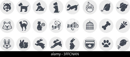 Ensemble d'icônes pour animaleries comprenant des silhouettes de chiens, chats, lapins, oiseaux, bocal à poissons, empreintes de pattes et accessoires de soins pour animaux dans des cadres circulaires vectoriels. Illustration de Vecteur