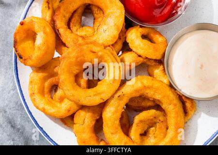 Anneaux d'oignon panés à la bière maison avec ketchup et sauce Banque D'Images