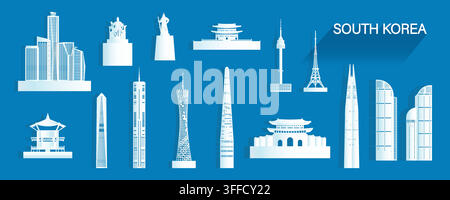 Sites touristiques de Corée du Sud avec architecture en silhouette isolée sur fond bleu. Icône et symbole d'architecture coréenne avec site touristique asiatique vers K Illustration de Vecteur