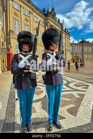 Deux Royal Life Guards en uniformes bleu marine et bleu clair avec des chapeaux en peau d'ours se tiennent au garde-à-vous devant le palais d'Amalienborg, Copenhague - photo de stock Banque D'Images