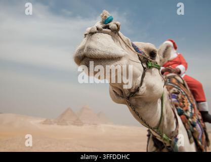 Portrait humoristique d'un chameau avec un cavalier en Père Noël sur une selle décorée devant un ciel désert flou des pyramides de Gizeh, idéal pour les voyages et vacances de Noël Banque D'Images