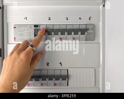 Grossissement d'une main vérifiant les disjoncteurs dans un tableau de distribution électrique résidentiel avec plusieurs interrupteurs étiquetés et dispositifs de protection Banque D'Images