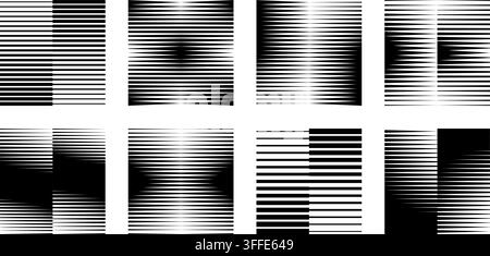 Motif dégradé avec lignes parallèles créant un effet de fondu demi-ton. Texture géométrique abstraite présentant des rayures horizontales droites dans des tons noir et blanc. Illustration de Vecteur
