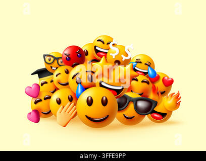 Groupe 3D de visages emoji avec différentes émotions Illustration de Vecteur