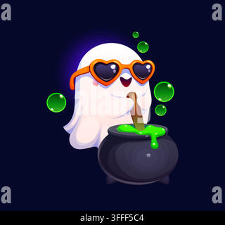 Personnage de dessin animé mignon kawaii fantôme d'Halloween portant des lunettes de soleil en forme de cœur et remuant une potion verte pétillante dans un chaudron de sorcière. Vacances d'automne Illustration de Vecteur