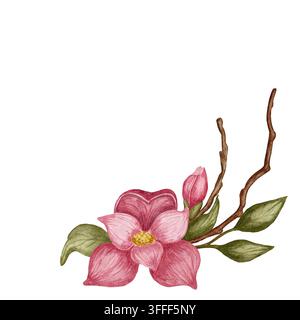 Composition florale de magnolia en aquarelle avec des feuilles et des branches délicates, arrangement botanique élégant isolé sur fond blanc, peint à la main. Banque D'Images