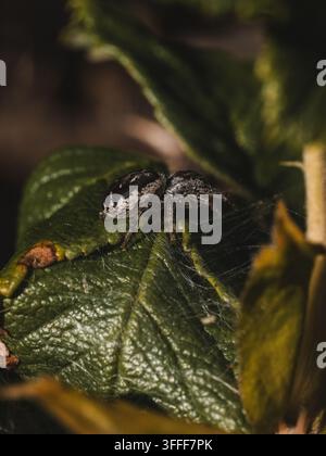 Vue d'une petite araignée sauteuse reposant sur une feuille verte vibrante avec des veines visibles et une fine toile de soie à Hilo, Hawaï, États-Unis. Banque D'Images