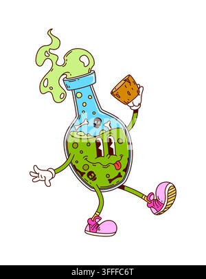 Personnage de bouteille de potion d'Halloween groovy avec élixir vert, crânes et os à l'intérieur. Flasque de dessin animé funky avec fumée et bouchon à la main. Vecteur souriant c Illustration de Vecteur