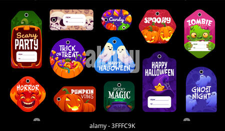 Étiquettes cadeaux de vacances d’Halloween avec des personnages de dessin animé mignons. Citrouilles, fantômes et bonbons de la fête des sorcières dans un seau. Monstre de la nuit d’horreur Illustration de Vecteur