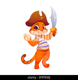 Personnage animal mignon de tigre orange de dessin animé déguisé en pirate joyeux pour Halloween, portant un chapeau de capitaine corsaire et une chemise rayée tout en tenant un Illustration de Vecteur