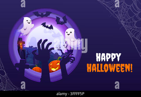 Bannière en papier découpé d'Halloween en style cartoon avec fond vectoriel de scène de cimetière. Mains de zombies émergeant du sol, lanternes de citrouille lumineuses, chauves-souris et sc Illustration de Vecteur