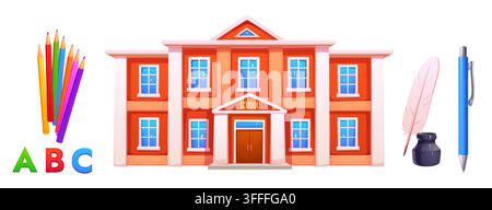 Icônes de fournitures éducatives et articles de papeterie scolaires objets isolés et éléments de dessin animé pour l'étude. Bâtiment scolaire et crayons de couleur avec alphabet ABC et stylo Illustration de Vecteur