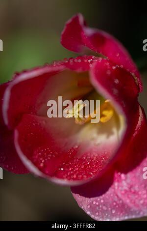 Tulipe rouge macro avec gouttes de rosée  Une photographie macro époustouflante capturant les détails complexes d’une tulipe rouge vibrante. Des gouttes de rosée s’accrochent au pétale Banque D'Images