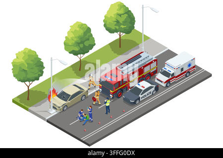 Urgence incendie de voiture isométrique avec ambulance pompier et police Illustration de Vecteur