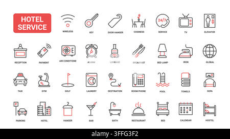 Symboles de service hôtelier couvrant la réception, les équipements de la chambre, la restauration, le transport, les loisirs, la blanchisserie et le soutien aux invités pour le branding hôtelier, icônes en ligne rouge et noire, ensemble d'illustration vectorielle Illustration de Vecteur