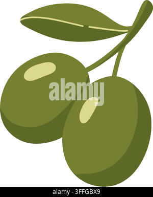 Deux olives vertes avec de petites feuilles et des tiges courbées, fruit méditerranéen du verger associé à l'huile d'olive, à la saumure, à la salade, à l'apéritif, à la récolte, à la tradition Illustration de Vecteur