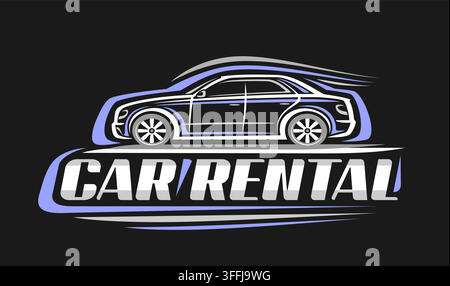 Logo vectoriel pour la location de voitures, affiche horizontale avec illustration dessinée à la main d'une voiture classique en mouvement, panneau automobile avec dessin au trait d'une berline compacte a Illustration de Vecteur