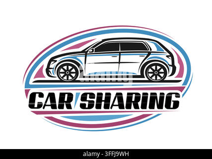 Logo vectoriel pour le partage de voitures, placard automobile avec illustration dessinée à la main d'une voiture urbaine, badge ovale avec clipart d'une berline bleue et lettre unique Illustration de Vecteur