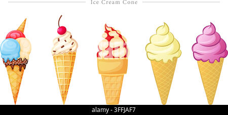 Ensemble de vecteurs de cônes de glace comprenant des spirales de glace molle, des cônes gaufrés, des boules de gelato, un garnissage de cerise, du sirop de fraise et des délicatesses estivales colorées. Illustration de Vecteur
