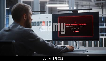 Ingénieur IT professionnel gère un incident critique de surchauffe dans une grande installation de serveurs, utilise les données du système en temps réel pour rétablir la stabilité et maintenir les opérations fiables d'infrastructure numérique. Banque D'Images
